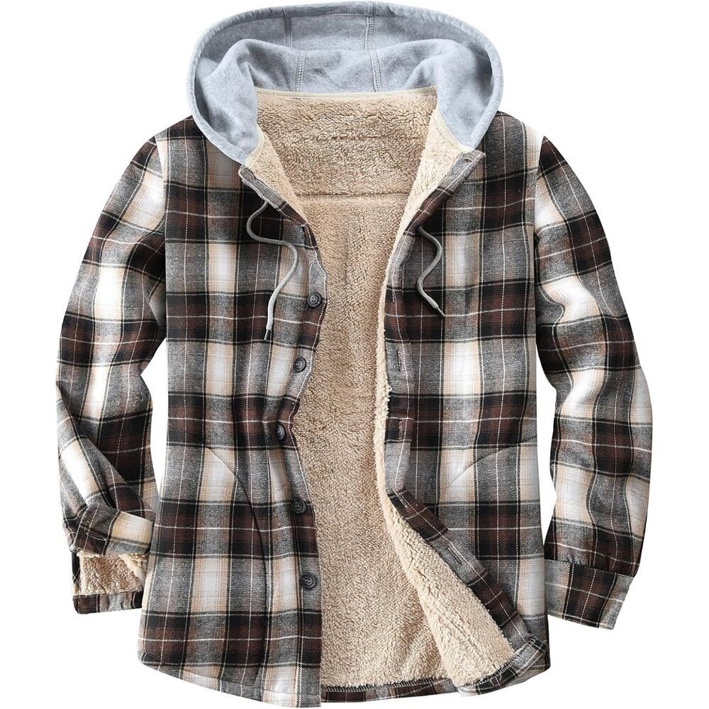 Men's Dark Brown Cotton Plaid Fleece Lined Flannel Shirts Button Down Jackets